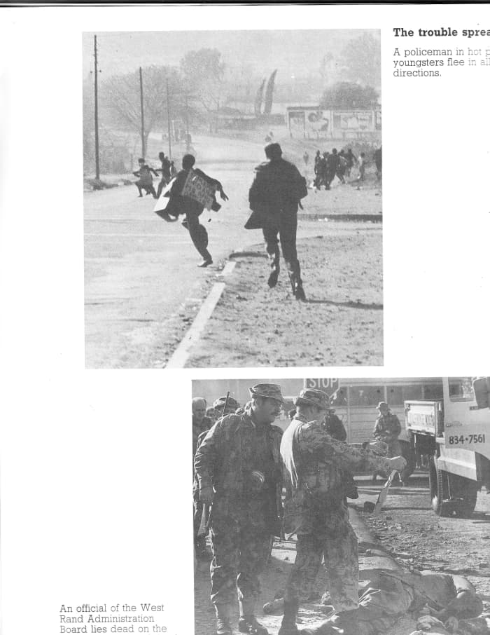 Policeman in hot pursuit of demonstrators during the June 16th 1976: policemen with guns against unarmed youths meandering around a dead body of an African protester