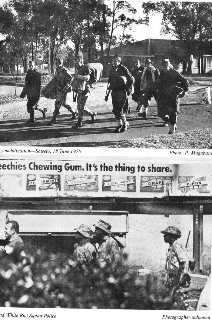 Military mobilization taking place in Soweto on June 18th 1976; Black and White Riot squads being positioned throughout the township of Soweto