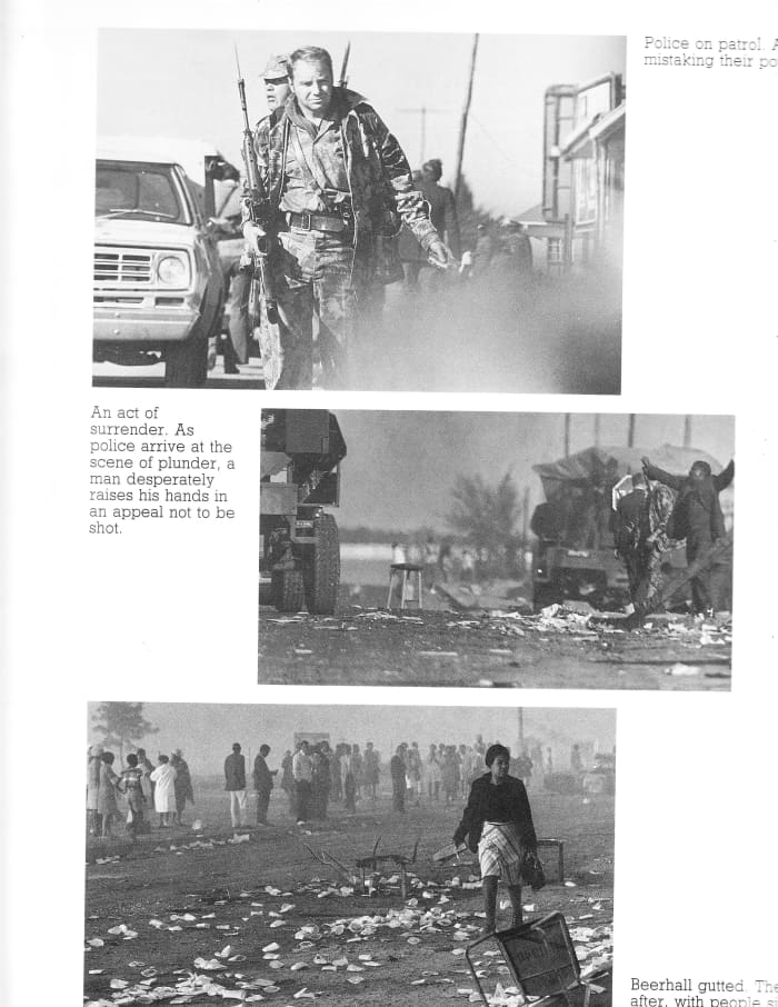 Police patrol the aftermath of a revolt; plunder was the norm in the second picture for the day of June 16th 1976; ; gutted beer hall and the rubbish left behind witnessed by morning commuters on their way to work in the third picture