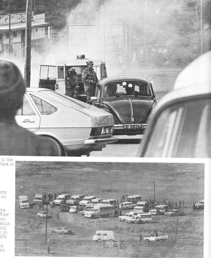 Top: Roadblocks in Zwelitsha, Cape Town as the 1976 revolt spread and became countrywide; Police vehicles and manpower reinforces assemble before attacking the students in Soweto, 1976