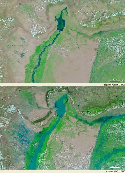 MODIS satellite image of the flooding in Pakistan's Indus valley. The Indus system is the backbone of Pakistan. Upper panel shows the Indus in 2009; below is the flooding of 2010. Image courtesy NASA.