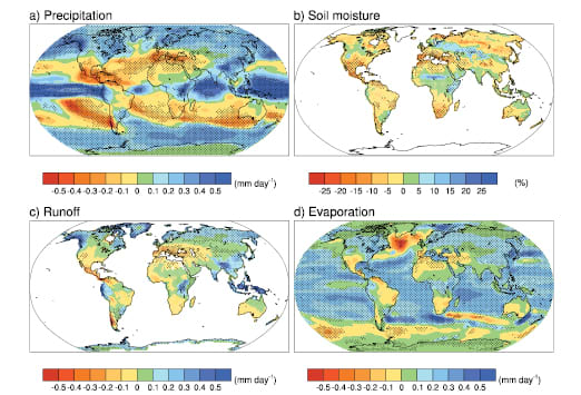 Precipitation and Drying, from the IPCC Fourth Assessment Report. Note the drying in Mexico, the Mediterranean basin, and coastal Chile in the upper left panel.