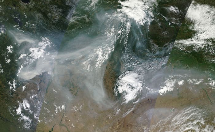 MODIS satellite image of smoke plume from the 2010 Russian wildfires. The plume trails about 3,000 kilometers. Image courtesy NASA.