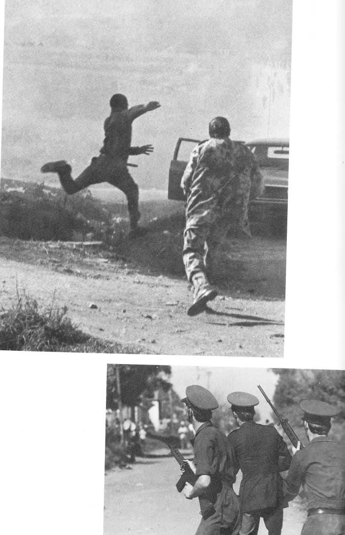 top:A policeman lumbering after a fleet-footed youngster making his getaway from him, June 16th 1976. Police in blue uniforms playing cat-and-mouse