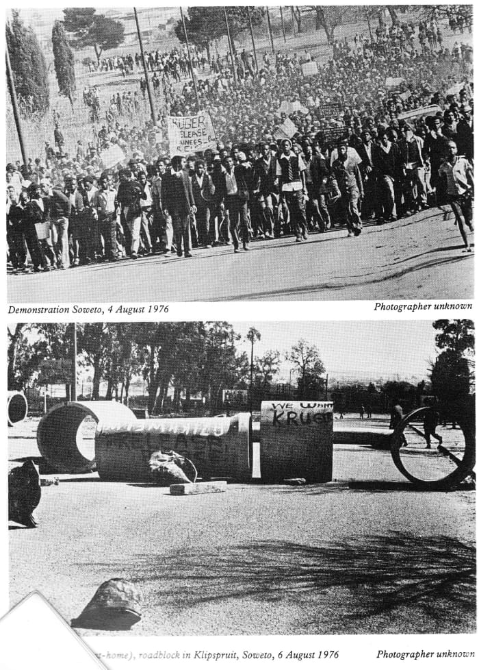 Students holding a determined protest on August 4th 1976; below, Roadblock in Klipspruit, Soweto, August 4th 1976. By this time students were demanding Black worker to stay away from work, and students were commanaded to stay-at-home