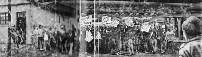 An Artist's impression of the student of 1976 holding a demonstration, and the police waylaying them