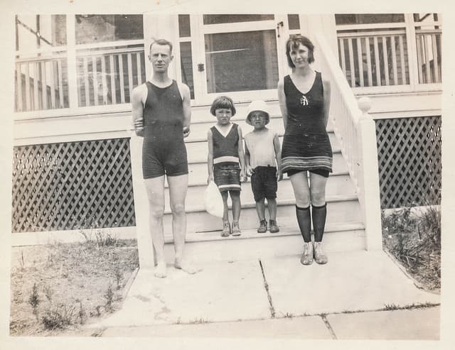 Old time photo of old time swimwear. It's a wonder people did not drown from the waterlogged weight of these garments