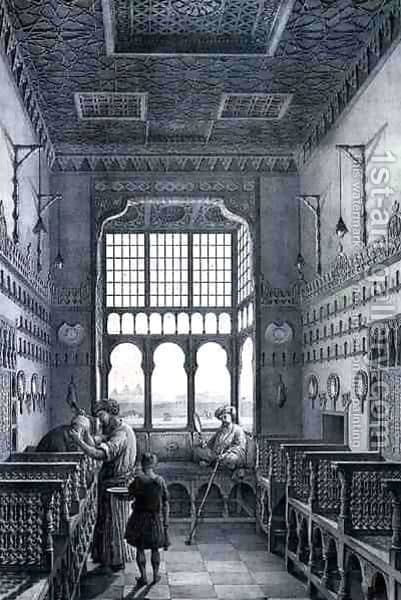 Art made by Pascal Coste, "View Inside a Barber's Shop in the French Quarter Near Quantarat El Gedyde," 1800s