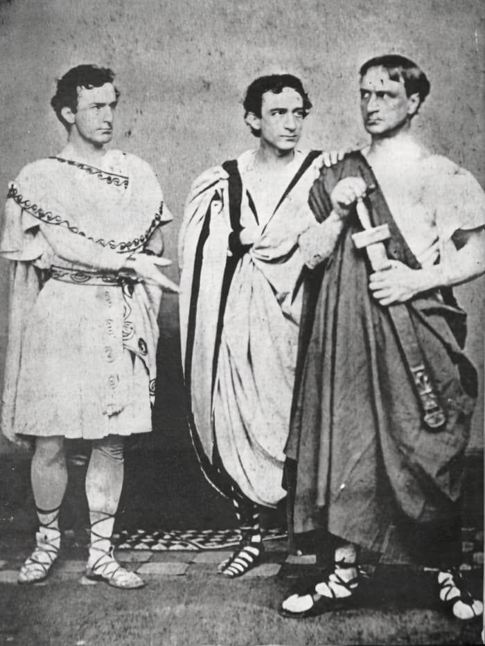John Wilkes Booth, Edwin Booth, and Junius Brutus Booth, Jr., in Shakespeare's Julius Caesar, 1864.