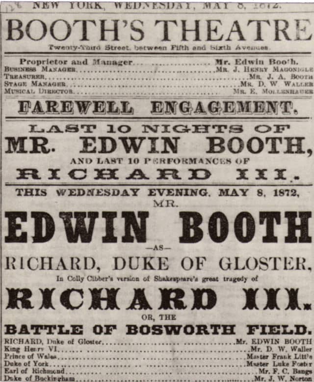 Playbill advertising Edwin Booth in Shakespeare's Richard III at Booth's Theatre, New York City, 1872.