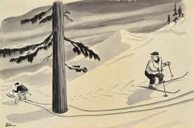 "Downhill Skier" from 1940 launched Addams' 48 yr. career as a full-time contributor with New Yorker Magazine.
