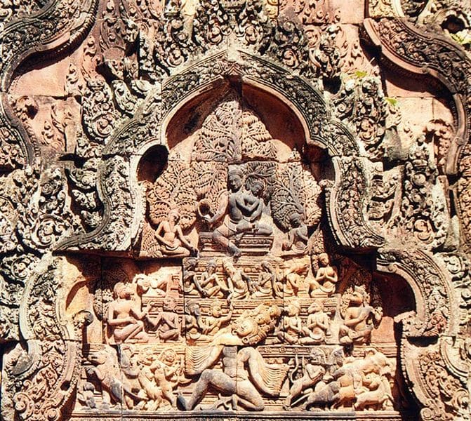 A mural of Shiva, Uma, and Ravana at Banteay Srei temple in Angkor.