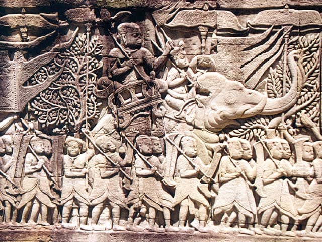 Relief at the Bayon temple in Angkor, Cambodia depicting the Khmer and Cham armies going to war (circa the late 12th or early 13th century).
