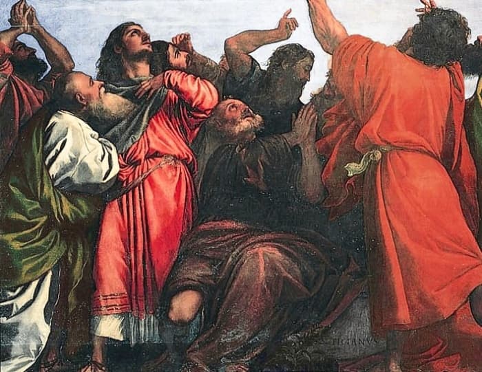 A detail from "Assumption of the Virgin" painted by Titian in 1516 to 1518; the orange robes were created with vermilion