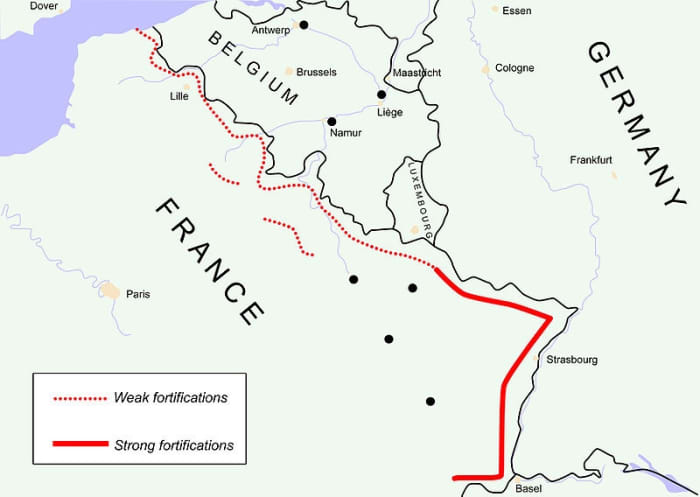 The Maginot Line (solid red) protected only the French border with Germany.