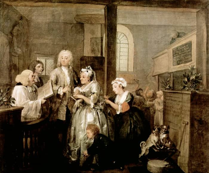 A Rake's Progress by William Hogarth. Desperate to escape the debt he incurred out of gambling, Tom Rakewell marries an one-eyed old woman for her money. His mother-in-law in the background tries desperately to break into the ceremony.