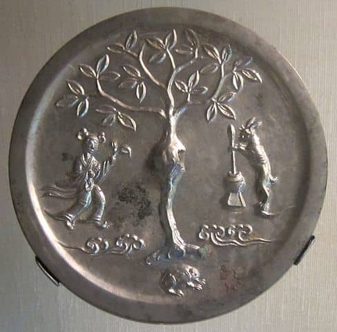 A Tang dynasty (618-906 AD) era mirror depicting the moon goddess Chang'e with the moon rabbit.