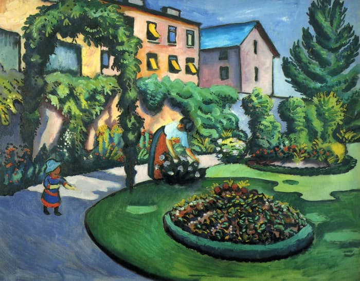 Gartenbild was painted by August Macke (1887-1914). Notice the differences between this Expressionist landscape and those of the Impressionists.