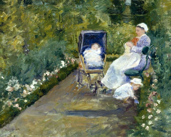 "Children in a Garden" was painted by Mary Cassatt (1844-1926) in 1878. Cassatt, an American, exhibited her paintings in France.