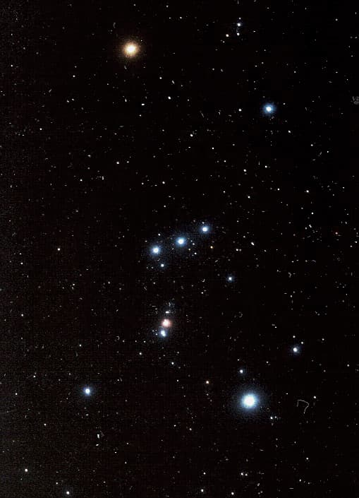 The great constellation Orion as it appears in the northern hemisphere. As one moves south to the equator, Orion seems to tip over on to its side, and then appears the other way up in the southern hemisphere