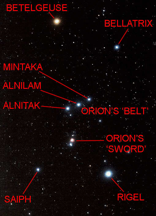Annotated map of the main stars in Orion. All of these stars are really impressive, but some (described below) are truly outstanding