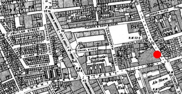 Whitechapel was a hotbed of criminal activity in the late 19th century. The red dot indicates the death of the first victim of the Whitechapel murders.