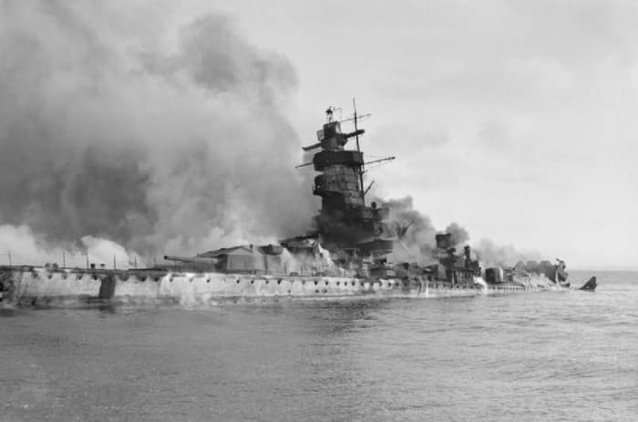 WW2: The German battleship Admiral Graf Spee in flames after being scuttled in the River Plate Estuary off Montevideo, Uruguay.