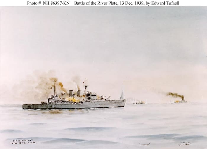 Watercolor depicting the cruisers HMS Exeter (foreground) and HMNZS Achilles (right center background) in action with the German armored ship Admiral Graf Spee (right background).
