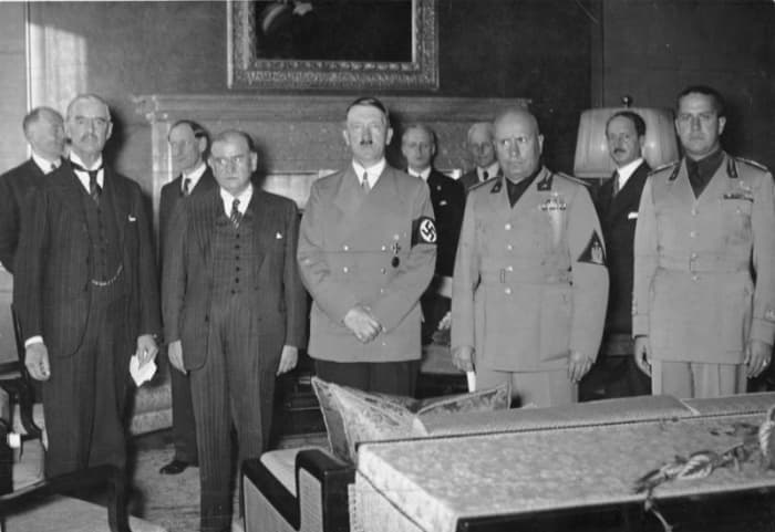 Neville Chamberlain (Britain) , Edouard Daladier (France), Adolf Hitler (Germany), Benito Mussolini (Italy), Galeazzo Ciano (Italy). Munich Agreement, 29.9.1938