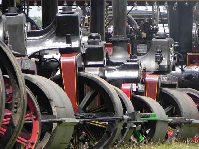 Steam powered traction engines. Although these vehicles seem large, heavy and difficult to manoeuvre from a modern viewpoint, they revolutionized agriculture and road haulage when they were introduced.
