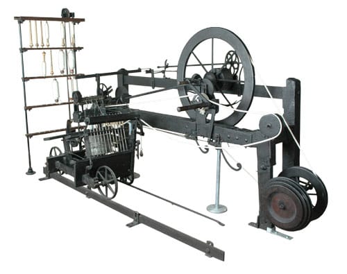 Samuel Crompton's Spinning Mule, an important invention in 18th century textile making. Mules were operated in pairs by a minder, with the help of two boys, known as the little piecer and the big, or side piercer.