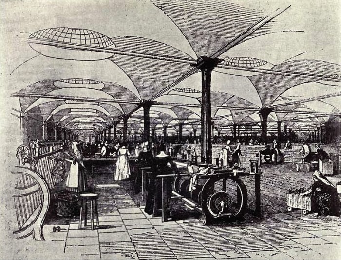 Drawing of Marshall's Mills, a flax mill in Holbeck, Leeds, England, showing workers at their machines. The picture is taken from the Penny Magazine Supplement, December 1843. The mill was earlier targeted in the Plug Riots of August 1842.