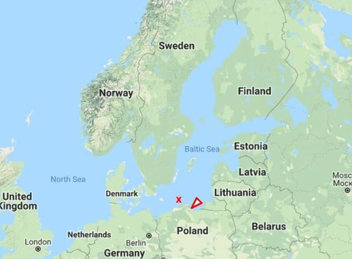 The MV "Wilhelm Gustloff" left Gdynia, Poland, formerly Gotenhafen (arrow) and was torpedoed at the approximate position marked "X".