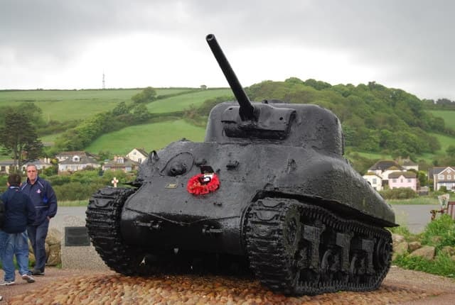 American Memorial in Torcross. This Sherman tank. raised from the waters near Slapton Sands, commemorates the US troops who died in an accident in Start Bay, whilst practising for D-day.
