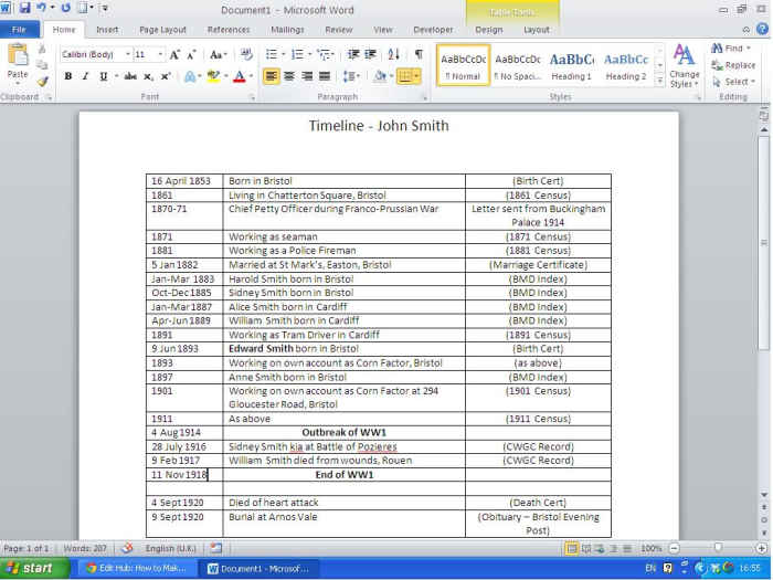 A very simple working research timeline created using Word.