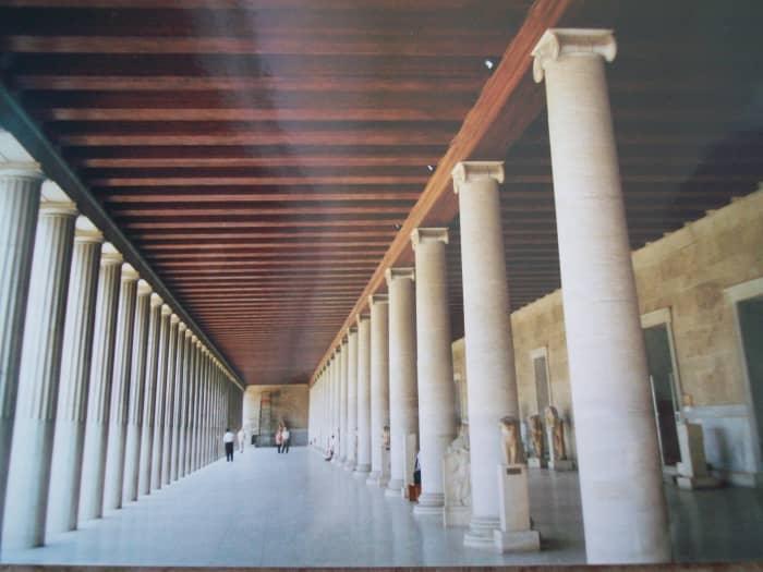 Note the double colonnade with exterior Doric and interior Ionic columns in the reconstructed Stoa of Attalos.