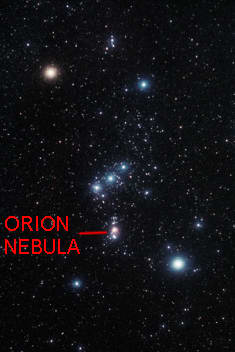 The Orion Nebula, visible as a fuzzy smudge in the Orion Constellation - this is the easiest bright nebula to locate in the night sky