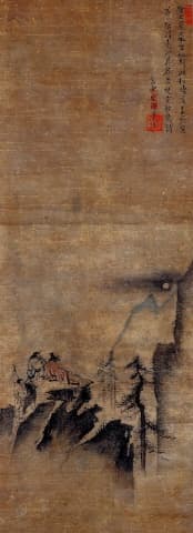 An ancient Chinese painting depicting two men observing the moon. Can you see the distance and the void between the two men and the moon?