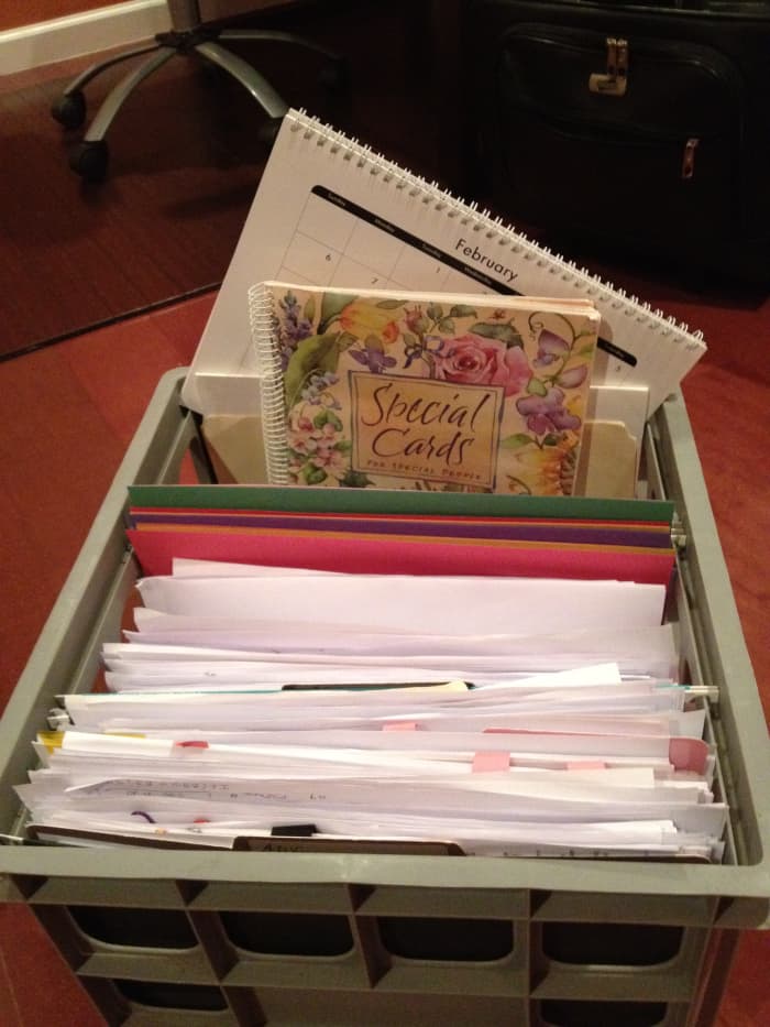 Crates or baskets are mobile and can hold regularly used items such as calendars, student files, and forms.