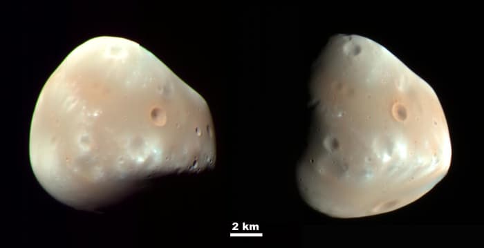Deimos is about 6-10 miles across (it's very irregular). Mars will eventually lose this moon, too: it's spiraling away. Phobos and Deimos are named after the sons of Mars in Greek and Roman mythology; their names mean "fear" and "panic."