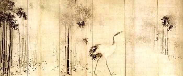 A door panel by Japanese artist Hasegawa Tohaku (1539-1610) featuring a crane in a grove of bamboo. Tohaku was famous for his Chinese-style door panel paintings, which often featured animals (especially monkeys) in a thicket of bamboo.