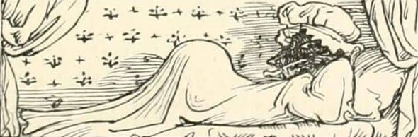 In this drawing by Walter Crane, the wolf really resembles a pregnant lady ... source: archive.org, PD licence