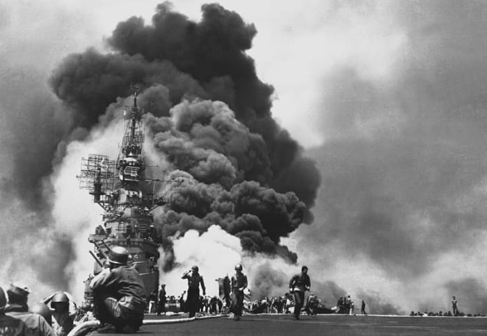 World War Two: Kamikaze pilots were especially easy to hate. USS BUNKER HILL hit by two Kamikazes in 30 seconds on 11 May 1945 off Kyushu. Dead-372. Wounded-264.