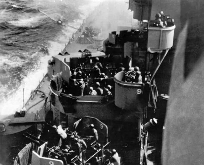 WWII: Kamikaze attack on the USS Missouri (BB-63). About to be hit by a Japanese A6M "Zero" Kamikaze