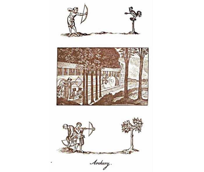 Panels depicting Archery in England from Joseph Strutt's 1801 book, "The sports and pastimes of the people of England from the earliest period".