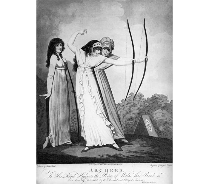 Engraved from a drawing by Adam Buck. Archery was one of the few sports acceptable for genteel women at the time.