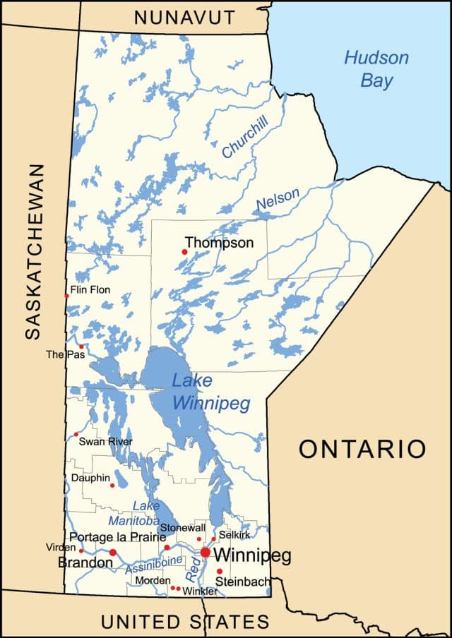 This is a general map of the province of Manitoba, Canada with its capital city Winnipeg.