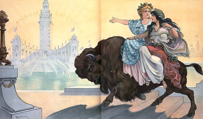 Even mythical women, such as these representing North and South America, were meant to ride to the side, which must be quite difficult, bareback on a Bison (from Puck, 1901).