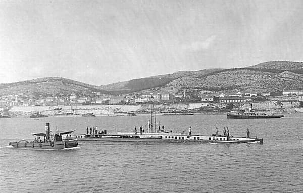 World War One: SM U-14 (Austria-Hungary) as depicted on a World War I postcard. This particular postcard was from U-14's commander, Georg von Trapp, to his son and was postmarked on 23 February 1917