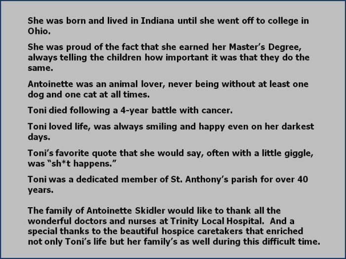 Note: This is not a real obituary. It is an example of ways to incorporate different topics in an obituary.
